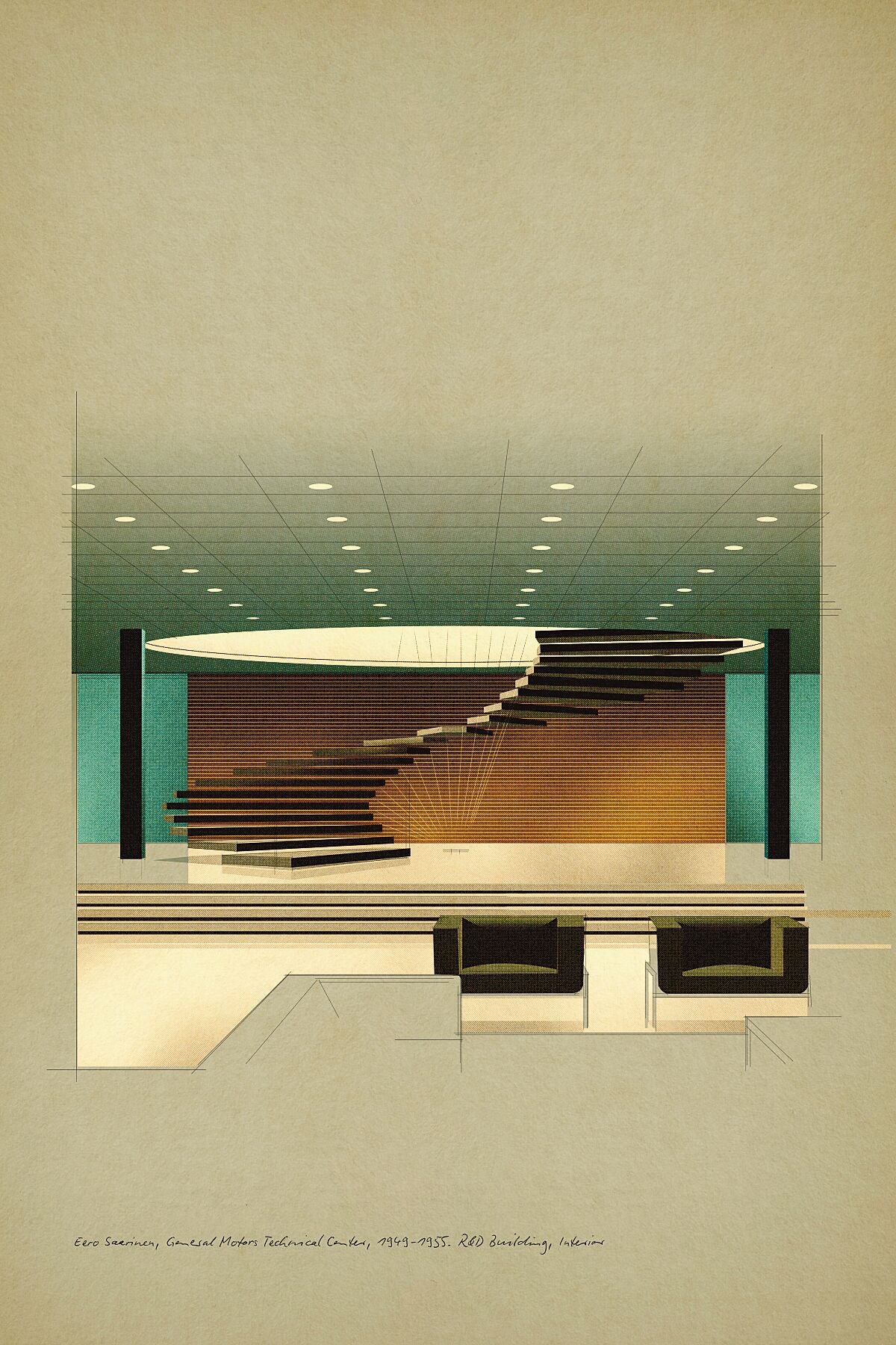 Eero Saarinen, General Motors Technical Center, 1949-1955. R&D Building, Interior